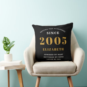 20th Birthday 2005 Black Gold lady's Personalized Throw Pillow