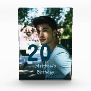 20th birthday add name photo date man blue white s block