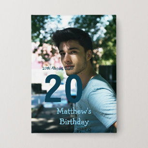 20th birthday add name photo date man blue white s button