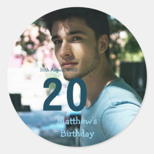 20th birthday add name photo date man blue white s classic round sticker