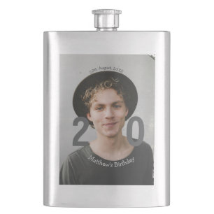 20th birthday add name photo date man blue white s flask