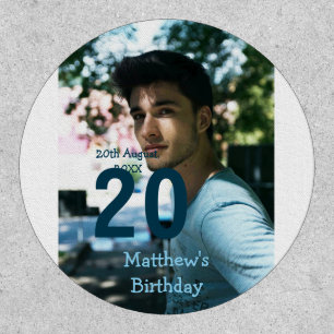 20th birthday add name photo date man blue white s patch
