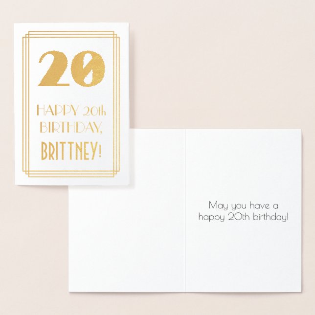 20th Birthday: Art Deco Inspired Look "20" & Name Foil Card (Display)