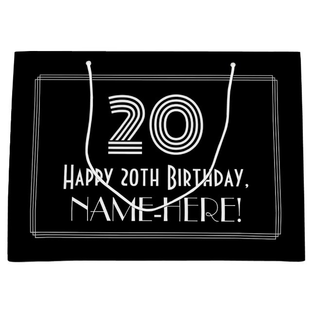 20th Birthday — Art Deco Inspired Look "20" & Name Large Gift Bag (Front)