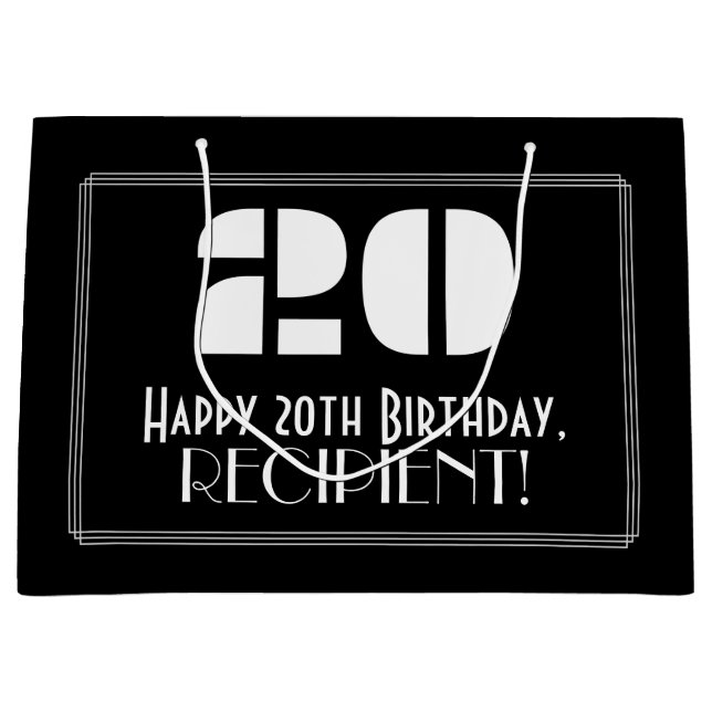 20th Birthday ~ Art Deco Inspired Look "20" + Name Large Gift Bag (Front)