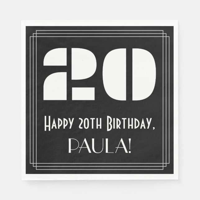 20th Birthday: Art Deco Inspired Look "20" + Name Napkins (Front)