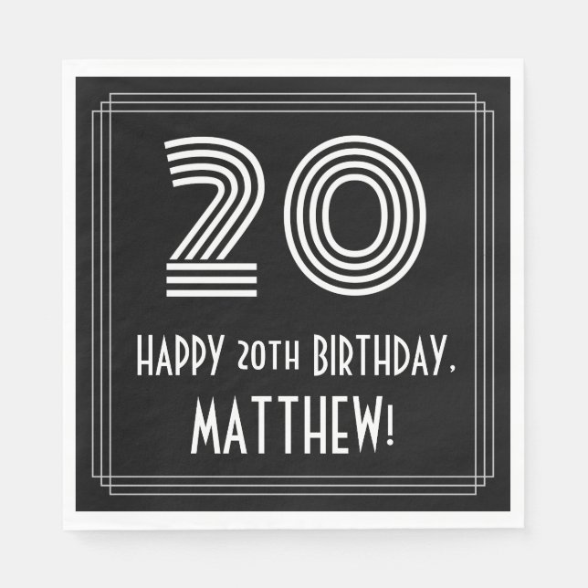 20th Birthday: Art Deco Inspired Look "20" + Name Napkins (Front)