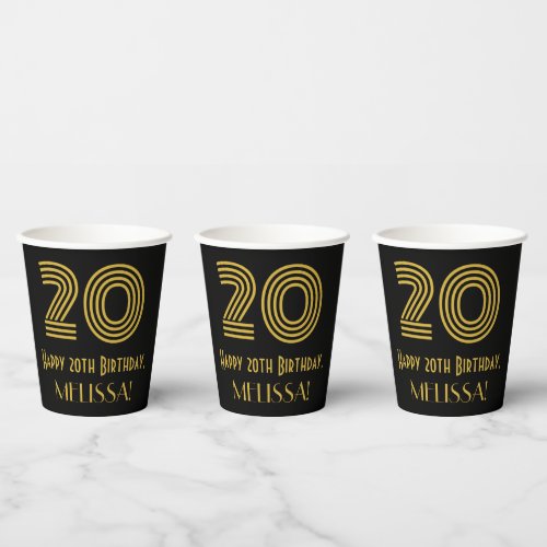 20th Birthday Art Deco Inspired Look 20  Name Paper Cups