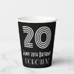 [ Thumbnail: 20th Birthday — Art Deco Inspired Look “20” + Name Paper Cups ]