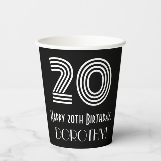 20th Birthday — Art Deco Inspired Look “20” + Name Paper Cups (Back)
