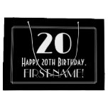 [ Thumbnail: 20th Birthday: Art Deco Inspired Style "20", Name Gift Bag ]