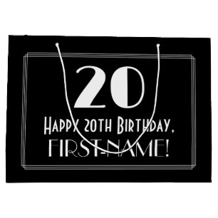 20th Birthday: Art Deco Inspired Style "20", Name Large Gift Bag