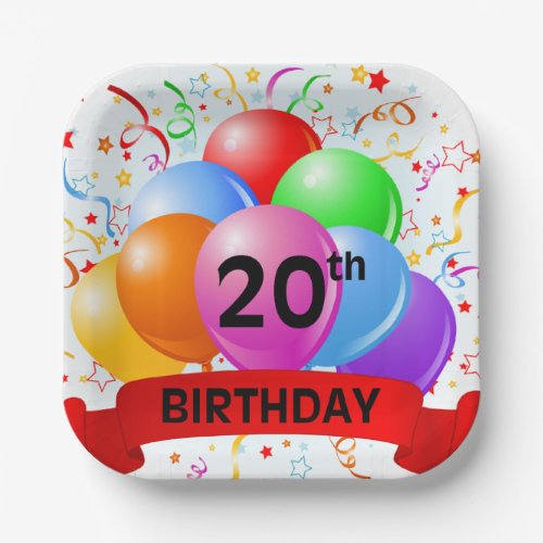 20th Birthday Balloons Banner Paper Plates