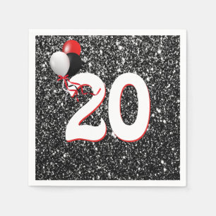 20th Birthday Balloons on Black Glitter Napkins
