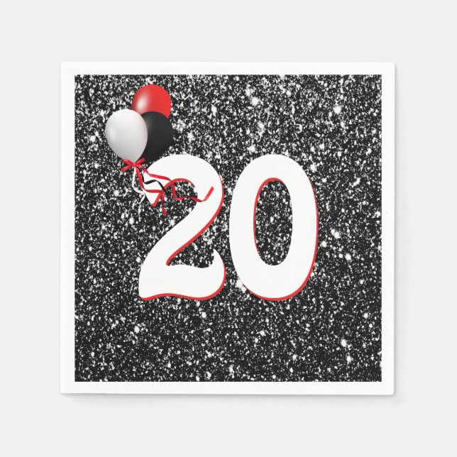 20th Birthday Balloons on Black Glitter Napkins (Front)
