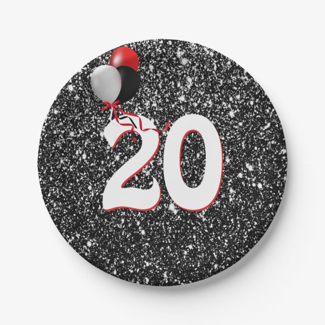 20th Birthday Balloons on Black Glitter Paper Plates (Front)