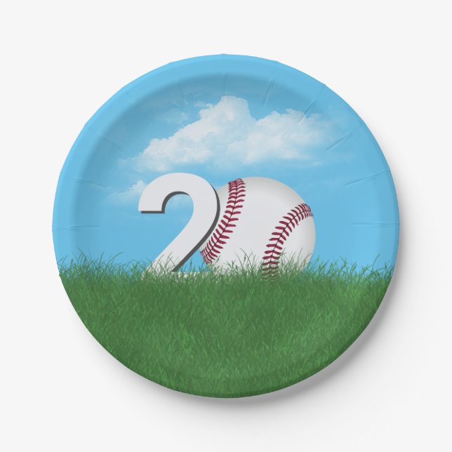 20th Birthday Baseball In Green Grass Paper Plates (Front)