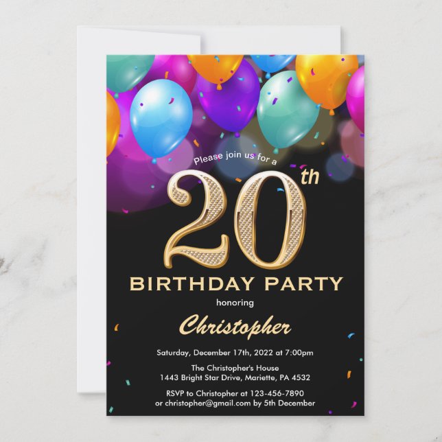 20th Birthday Black and Gold Colorful Balloons Invitation (Front)