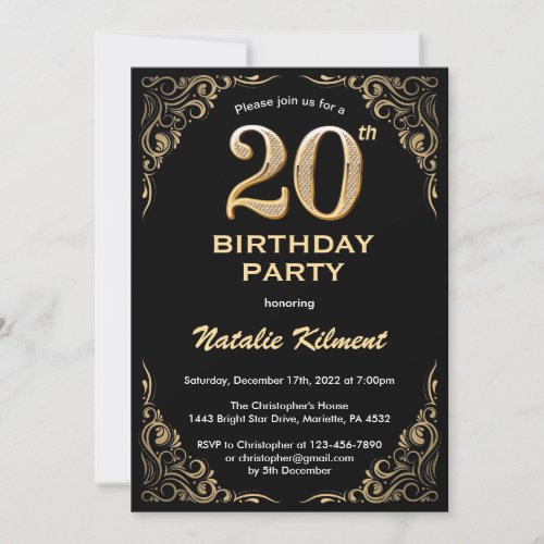 20th Birthday Black and Gold Glitter Frame Invitation
