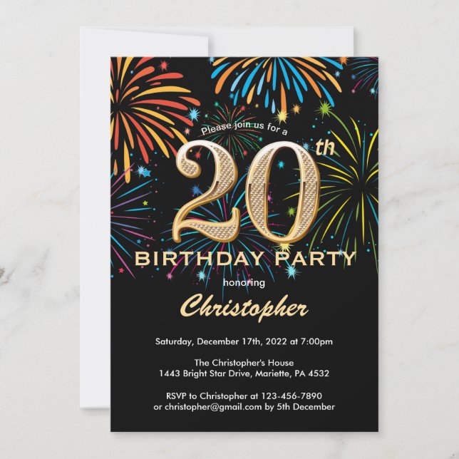 20th Birthday Black and Gold Rainbow Fireworks Invitation (Front)