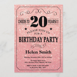 20th Birthday Black and Pink Rose Gold Glitter Invitation