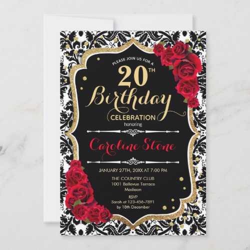 20th Birthday _ Black Damask Gold Red Roses Invitation