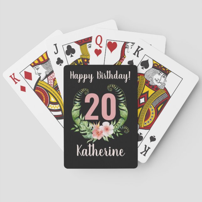 20th birthday black floral  poker cards (Back)