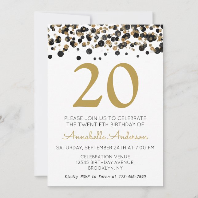 20th Birthday Black Gold Glitter Sparkle Confetti Invitation (Front)