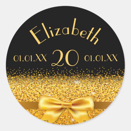 20th birthday black gold name date classic round sticker