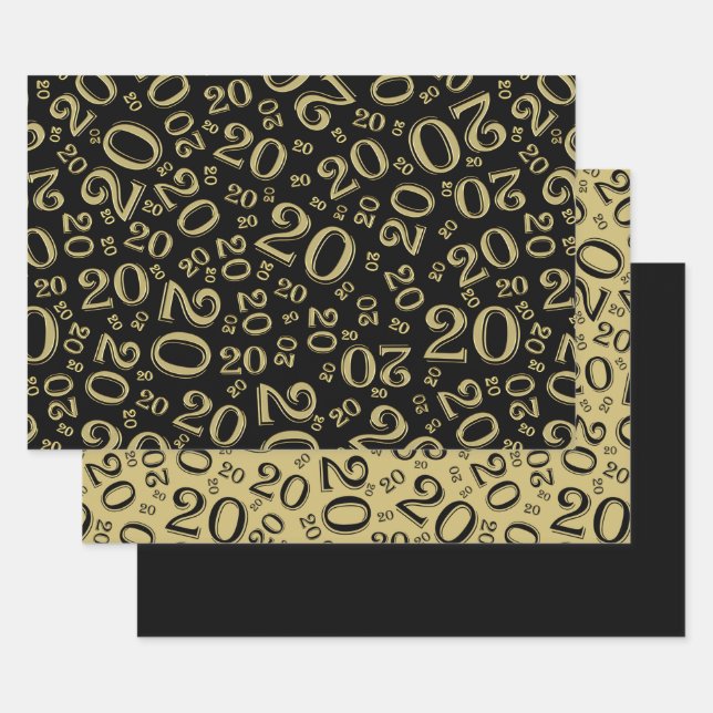 20th Birthday Black & Gold Number Pattern 20 Wrapping Paper Sheets (Set)