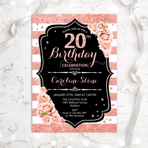 20th Birthday Black Rose Gold and White Stripes Invitation