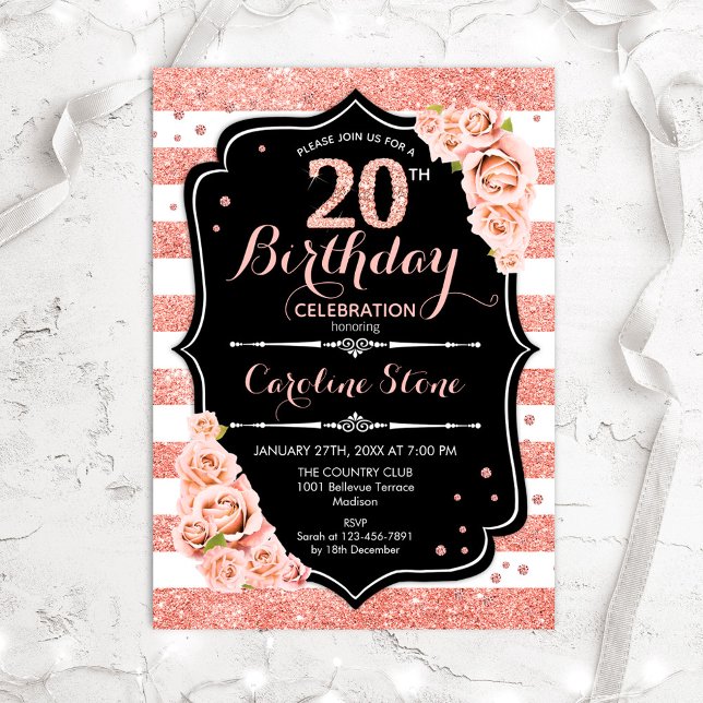 20th Birthday Black Rose Gold and White Stripes Invitation (Creator Uploaded)