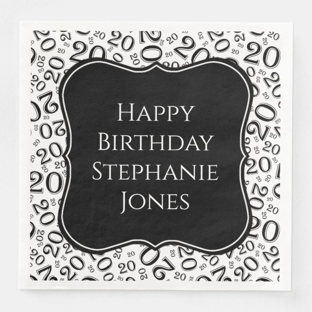 20th Birthday Black/White Bracket Number Pattern Paper Dinner Napkins (Front)
