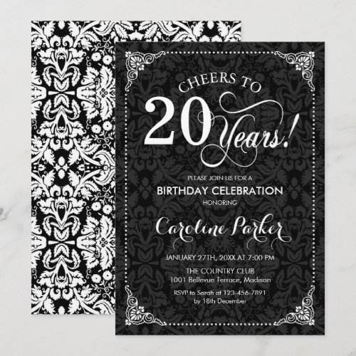 20th Birthday - Black White Damask