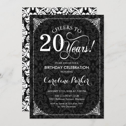 20th Birthday _ Black White Damask Invitation