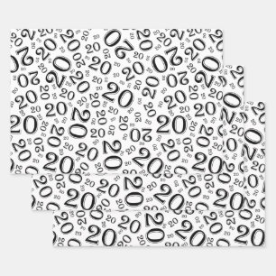 20th Birthday Black/White Random Number Pattern Wrapping Paper Sheets
