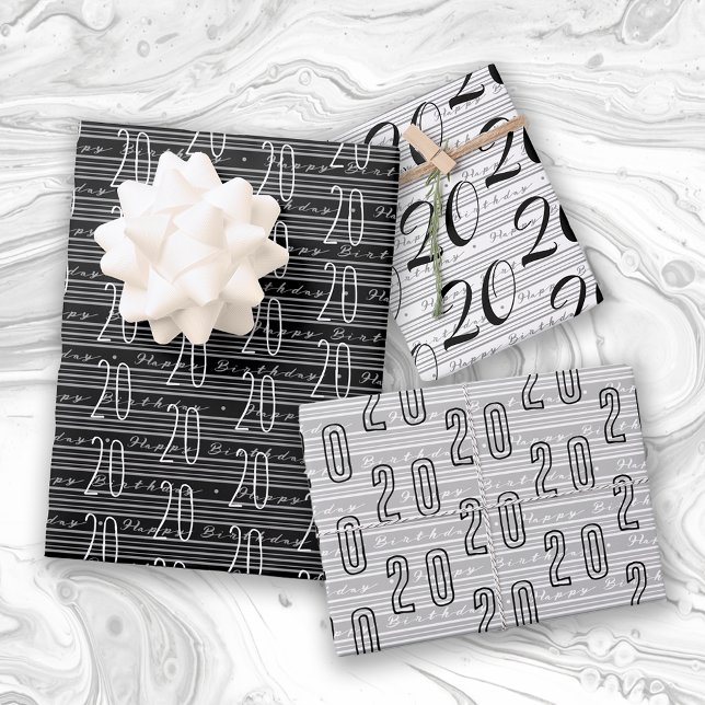 20th Birthday Black White Typography Numbers Wrapping Paper Sheets (Creator Uploaded)