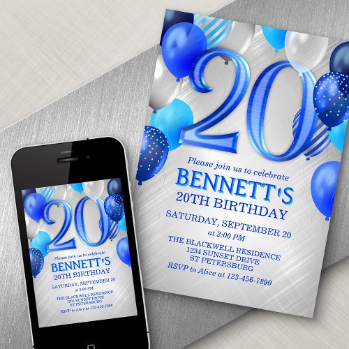 20th Birthday Blue Balloons Invitation