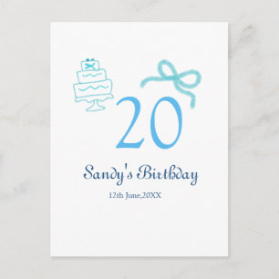 20th Birthday blue bow cake name date pastel retro Postcard