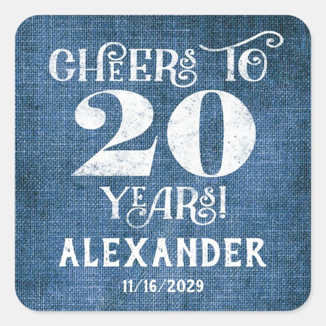 20th Birthday Blue Linen Thank You Favor Stickers (Front)