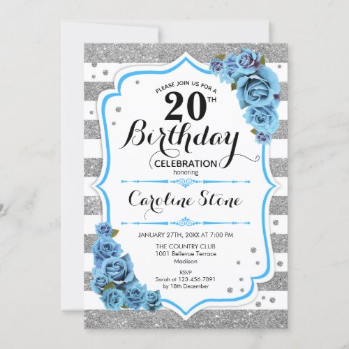 20th Birthday _ Blue Silver White Stripes Invitation