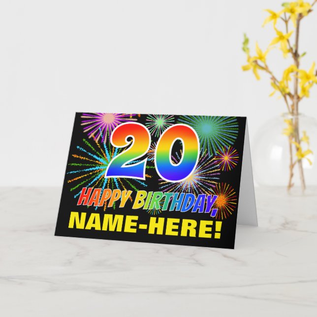 20th Birthday: Bold, Fun, Fireworks, Rainbow 20 Card (Yellow Flower)