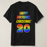 [ Thumbnail: 20th Birthday — Bold, Fun, Rainbow 20, Custom Name T-Shirt ]