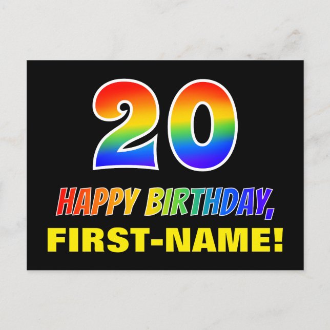 20th Birthday: Bold, Fun, Simple, Rainbow 20 Postcard (Front)