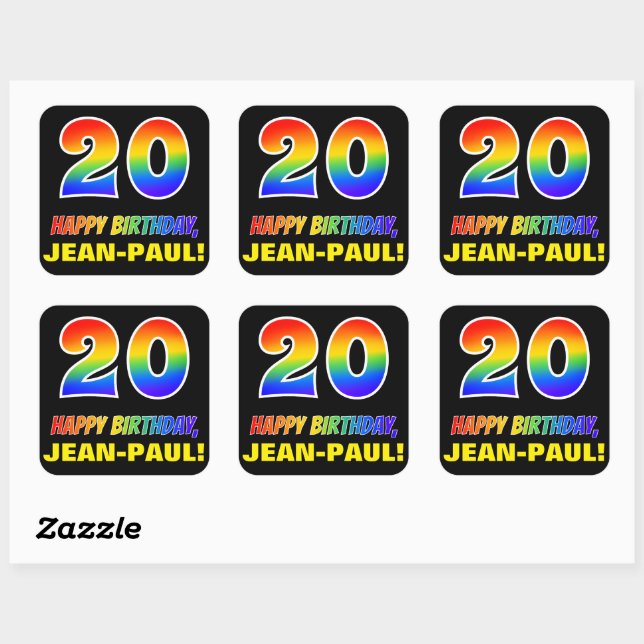 20th Birthday: Bold, Fun, Simple, Rainbow 20 Square Sticker (Sheet)
