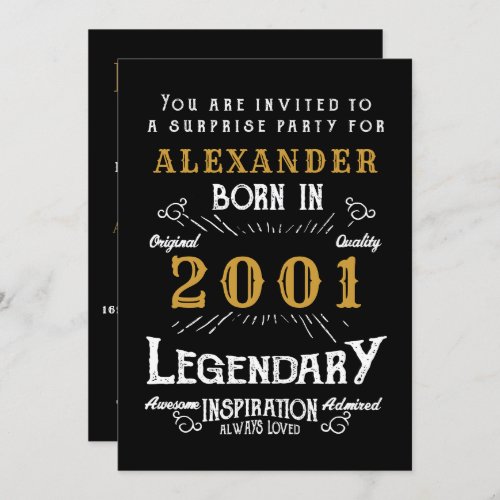 20th Birthday Born 2001 Black Gold Retro Vintage Invitation