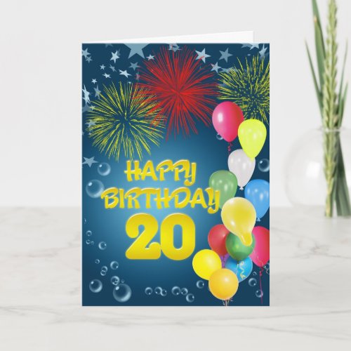 20th Birthday card with fireworks and balloons