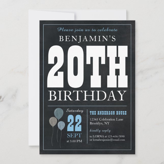 20th Birthday Chalkboard Blue Balloon Rustic Chic Invitation (Front)
