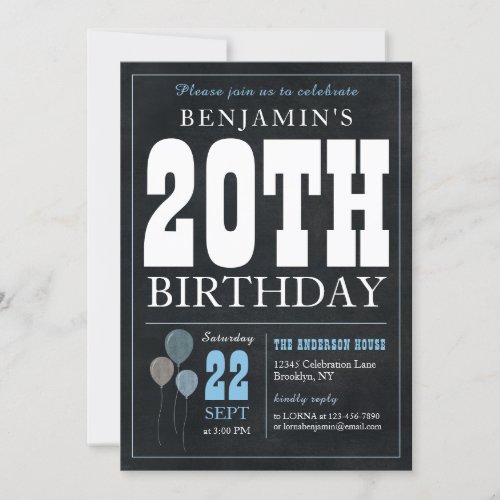 20th Birthday Chalkboard Blue Balloon Rustic Chic Invitation