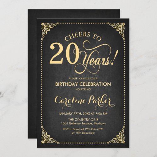 20th Birthday _ Chalkboard Gold Invitation